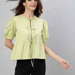 HERE&NOW Women Green Tie-Up Neck Puff Sleeve Cotton Peplum Top-picture-48