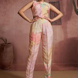 Fusionic Printed Round Neck Asymmetrical Crop Top With Trousers Co-Ords-picture-0