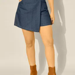 QIOA Denim High Waist Front Slit Mini Skort-image-62
