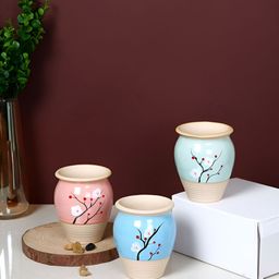 TAYHAA Peach-Coloured & Blue 3 Pieces Printed Blossom Serenity Ceramic Planters-1