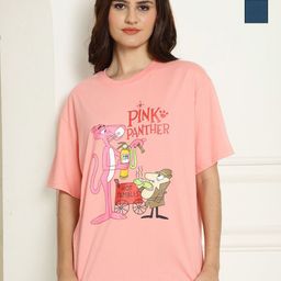 Metronaut Women Pack of 2 Pink Panther Typography Printed Cotton Oversized T-shirts-image-103