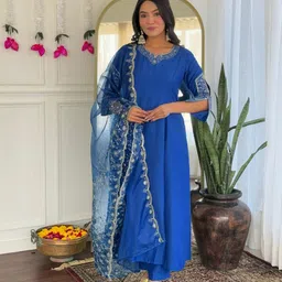 KALINI Women Ethnic Motifs Embroidered Regular Kurta with Trousers & With Dupatta image 2