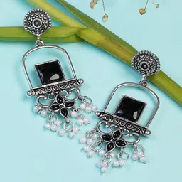 Zoey German Silver-Plated Stones Studded & Beaded Oxidised Geometric Drop Earrings-37