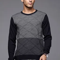 Raymond Men Navy Blue & Grey Striped Sweater-image-70