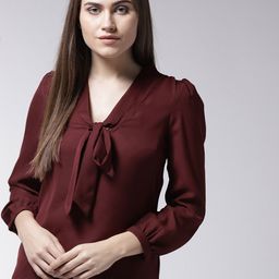 La Zoire Women Burgundy Solid Semi-Sheer Top-image-64