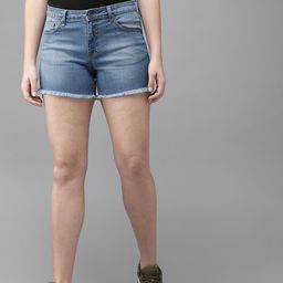 The Roadster Lifestyle Co Women Blue Washed Regular Fit Denim Shorts With Raw Edge-picture-4