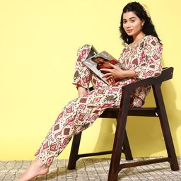 MBeautiful Women Beige & Pink Ikat Printed Organic Cotton Night Suit-picture-40