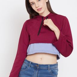 Belle Fille Women Maroon & Blue Colourblocked Hooded Crop Sweatshirt-image-98