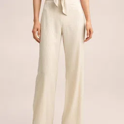 MANGO Women Cream-Coloured Self Design Trousers-image-39