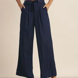all about you Women Navy Blue Regular Fit Solid Pleated Parallel Trousers-image-65