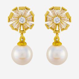 Kushal's Fashion Jewellery Gold-Plated Pearls And Zircon Floral Shaped Drop Earrings-picture-3