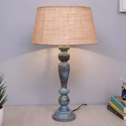 Homesake Eureka Beige & Blue Wooden Table Lamp with Bulb - Set of 1-13