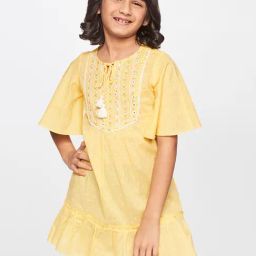 Global Desi Girl Yellow Cotton Embroidered Dress-image-44