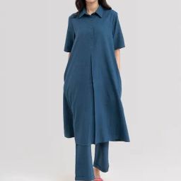 Pink Fort Blue Cotton Regular Fit A Line Kurta-image-43