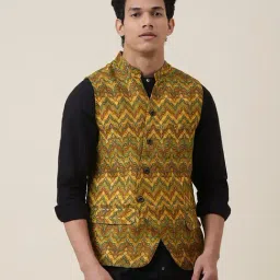 Fabindia Yellow Slim Fit Printed Nehru Jacket-picture-37