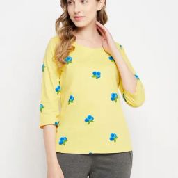 Clovia Yellow Printed T-Shirt-image-67