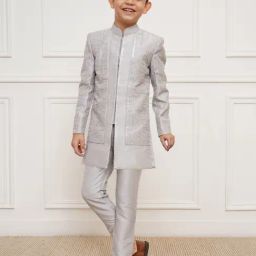 VASTRAMAY Boys Silver Embroidered Indo Western Set-19