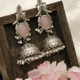 VIVAZS Silver-Plated Artificial Stones & Beads Beaded Oxidised Dome Shaped Jhumkas-4