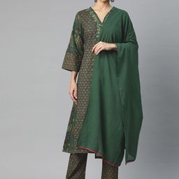 Yuris Women Floral Printed Regular Thread Work Pure Cotton Kurta with Trousers & With Dupatta-28