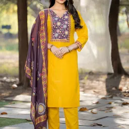 RUNAYA NX Floral Embroidered V-Neck Pure Cotton Straight Kurta With Trousers And Dupatta-image-94