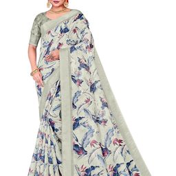 Lichee Floral Printed Zari Border Linen Cotton Festive Saree-picture-31