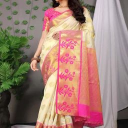 SHUBHKALA Beige Silk Woven Saree With Unstitched Blouse-image-30