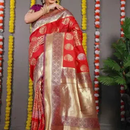 SHUBHKALA Red Silk Woven Saree With Unstitched Blouse-image-92