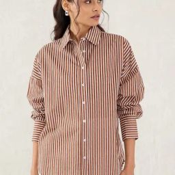 FEMMELLA Brown Relaxed Fit Striped Casual Shirt-image-6