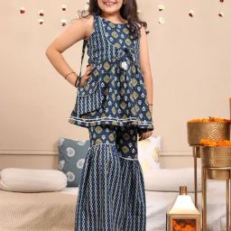 Budding Bees Girls Navy & White Printed Top, Gharara with Sling Bag-image-40