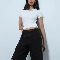 The Souled Store Women Midnight Black Regular Fit Mid-Rise Denim Bermuda-image-61