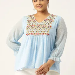 Antheaa Curve Plus Size Ethnic Motifs Embroidered Pleated Chiffon A-Line Top-image-5