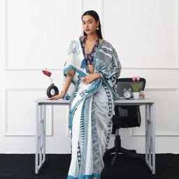 Tikhi Imli Blue Printed Ready To Wear Saree with Unstitched Blouse-11
