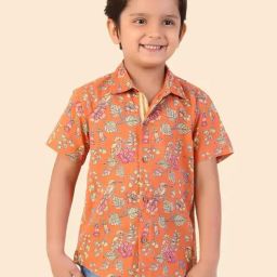 Fabindia Kids Orange Cotton Printed Shirt-image-101