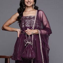 Libas Floral Embroidered Pleated Sequinned Kurti Set with Potli-image-18