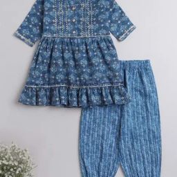 The Magic Wand Kids Blue Cotton Floral Print Kurta Set-image-84