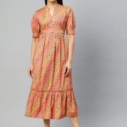 Cottinfab Rust & Yellow Printed Midi Dress-50