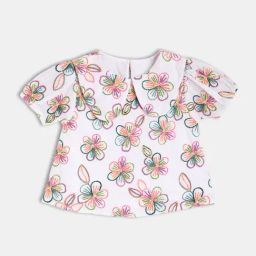 MINIKLUB White Cotton Half Sleeves Floral Embroidered Woven Top-image-3
