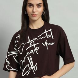 AECK Women Typography Printed Extended Sleeves Monochrome Pockets T-shirt-image-83