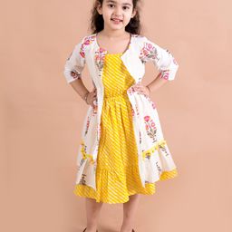 Pspeaches Sleeveless Leheriya Dress With Three Fourth Sleeves Floral Printed Cape - White-image-76