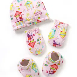 Bonfino Cotton Cap Mittens & Booties Set Floral Print Ivory - Diameter 11.5 cm-picture-47