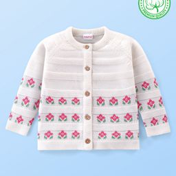 Babyhug Organic Cotton Full Sleeves Front Open Floral Design Sweater - White & Pink-image-85
