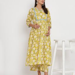 Aujjessa Three Fourth Sleeves Floral Printed & Lace Embellished Maternity Kurta Set With  Concealed Zipper Nursing Access - Yellow & Multi Colour-picture-24