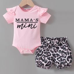 Kookie Kids Half Sleeve Onesie With Shorts Text & Leopard Print - Pink & Black-image-12