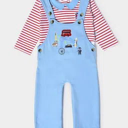 Mi Arcus Full Sleeves Striped Onesie & Travel Theme Embroidered Dungaree Set - Sky Blue-picture-40