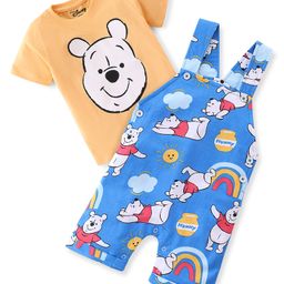 Babyhug Disney Cotton Knit Dungaree and Half Sleeves T-Shirt Set Winnie the Poo Print - Yellow & Blue-image-4