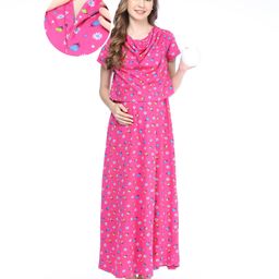 Bella Mama 100% Cotton Knit Half Sleeves Concealed Zipper Nursing Nighty Floral & Heart Print - Pink-picture-3