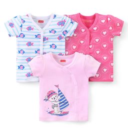 Babyhug 100% Cotton Half Sleeves Front Open Vest  Fish Hearts & Teddy Print Pack of 3 - Pink & Blue-image-93