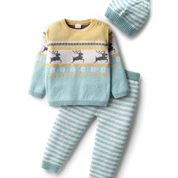 Babyhug Cotton Knit Full Sleeves Striped Sweater Set with Cap & Dear Design - Light Blue-image-6
