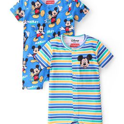 Babyhug Disney Interlock Knit Half Sleeves Rompers With Mickey Mouse Print Pack of 2 - Blue-image-76