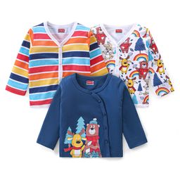 Babyhug Interlock Cotton Knit Full Sleeves Front Open Vests With Stripes & Animals Print Pack of 3 - White & Blue-image-91